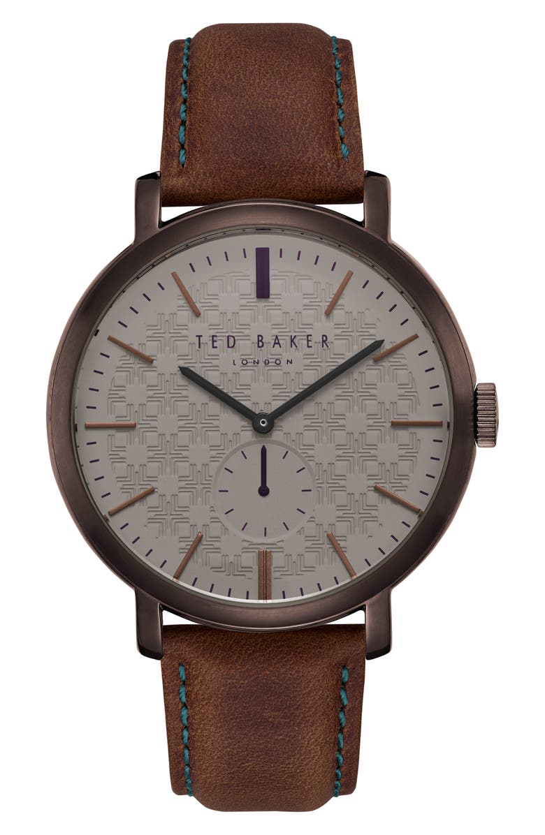Ted Baker London Trent Leather Strap Watch, 44mm, Main, color, 