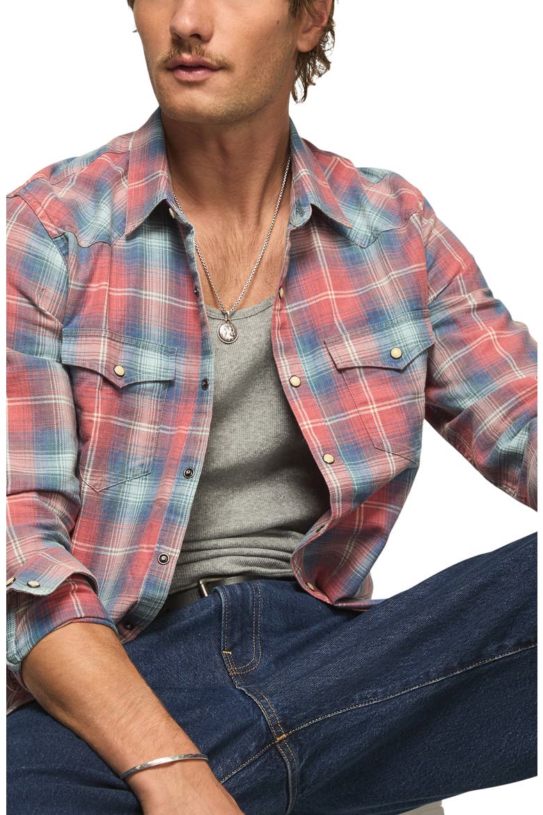 Plaid Flannel Acid Wash Western Shirt, Alternate, color, RUST MULTI