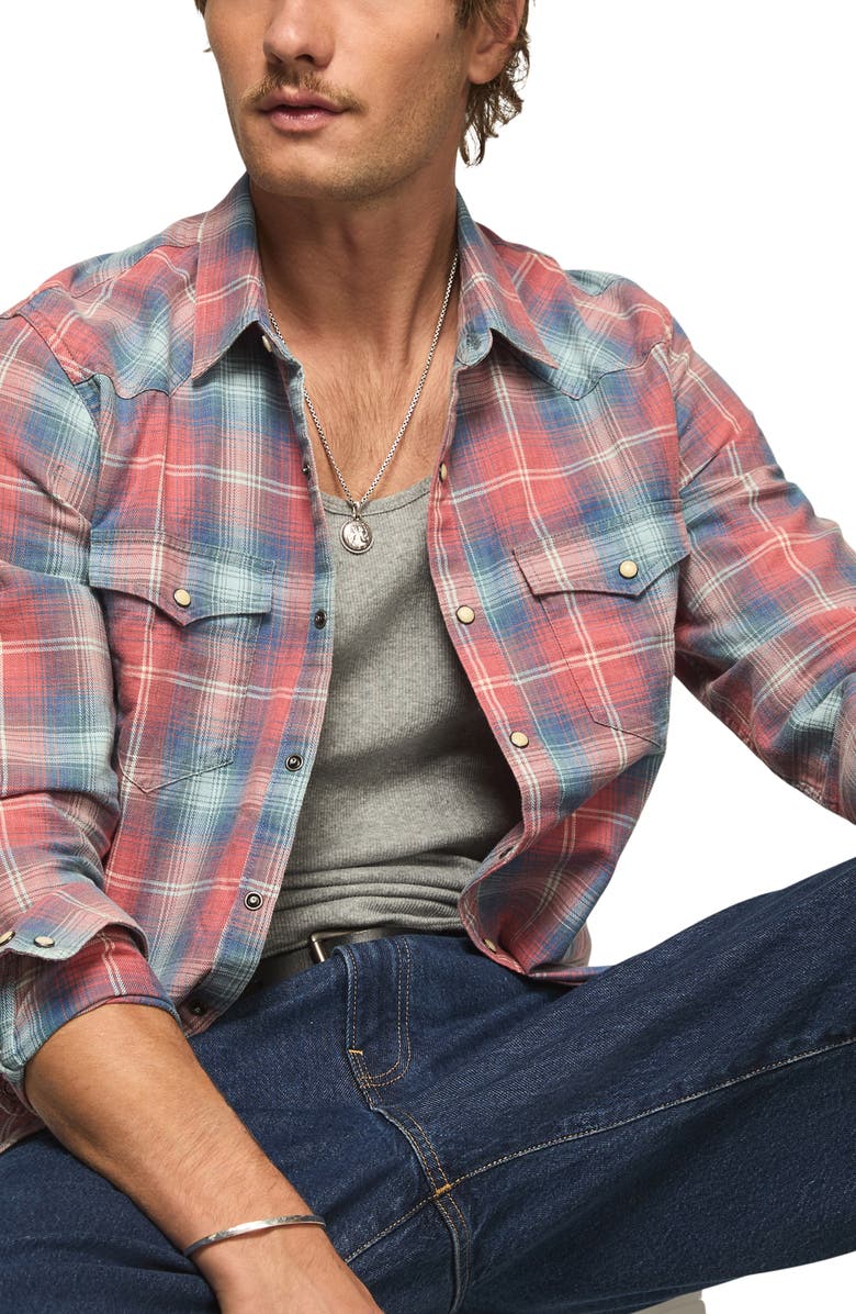 Lucky Brand Plaid Flannel Acid Wash Western Shirt, Alternate, color, Rust Multi