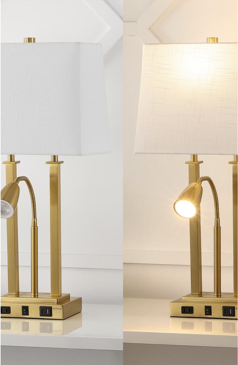 JONATHAN Y Blaire 23.75" 2-Light Modern Farmhouse Metal LED Table Lamp with USB Charging port, Alternate, color, Brass Gold