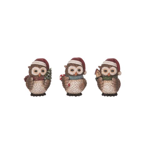 Set of 3 Resin Christmas Owl Figurines with Hats