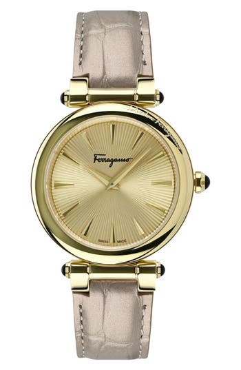 Ferragamo Idillio Leather Strap Watch, 36mm In Gold