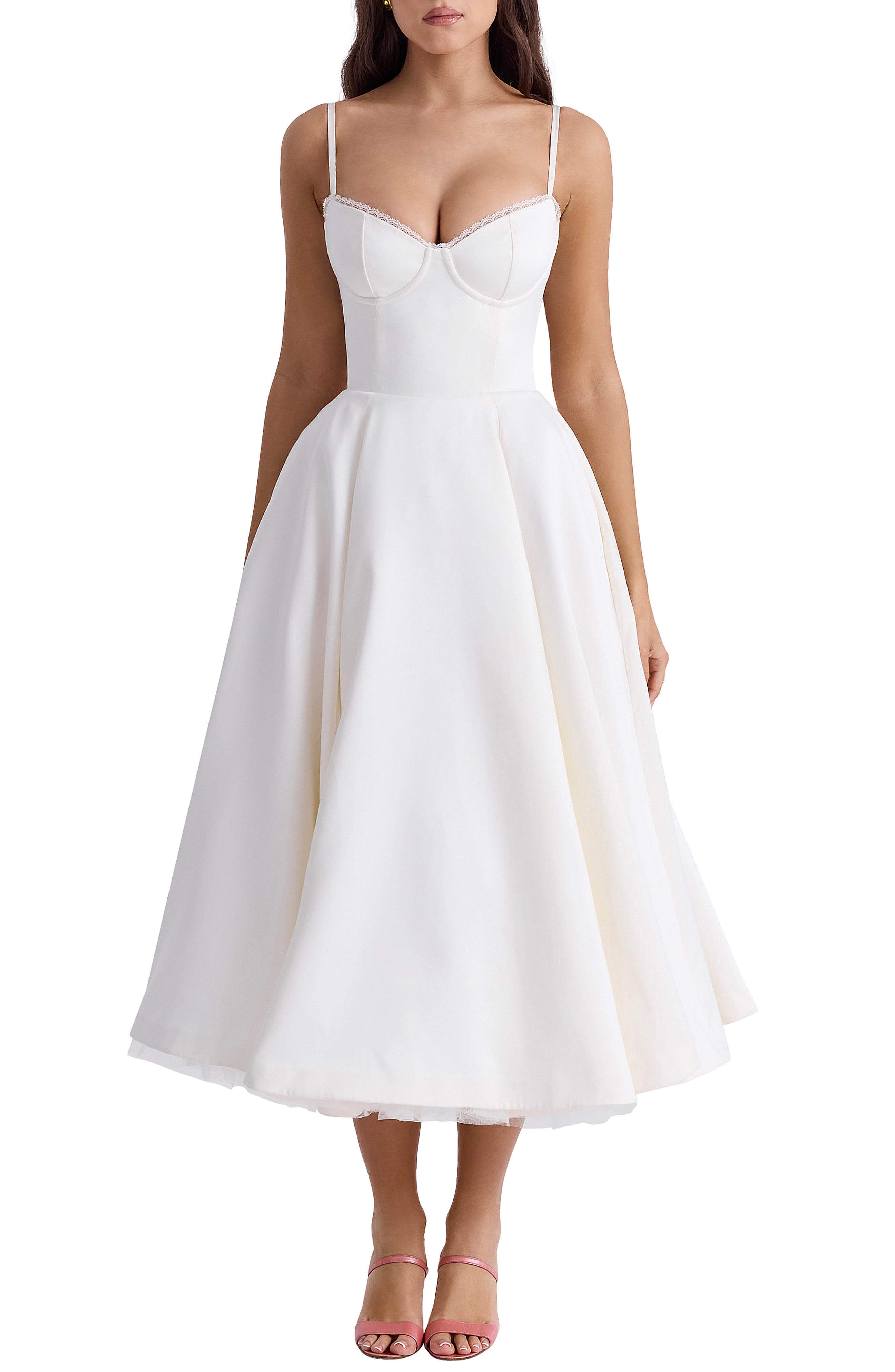 House of CB Women's Mademoiselle Bustier Stretch Satin Midi Cocktail Dress - White - Cocktail Dresses HOUSE OF CB Mademoiselle Bustier Stretch Satin Midi Cocktail Dress |  Nordstrom