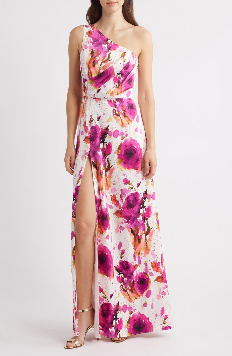 Black Halo Marietta Floral One-Shoulder Gown, Main, color, 