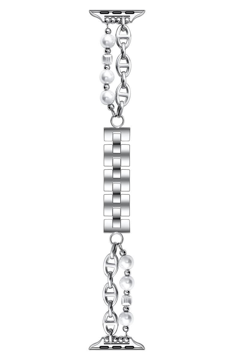 The Posh Tech Luna Imitation Pearl Apple Watch<sup>®</sup> Watchband, 38mm, Main, color, Silver