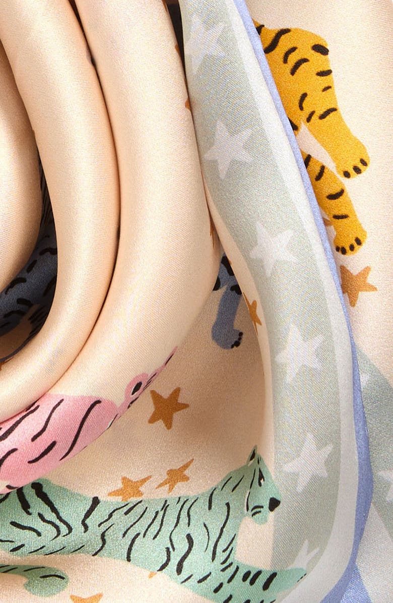 Lost Pattern Neon Tigers Silk Square Bandana, Alternate, color, Ivory/ Pastel Blue