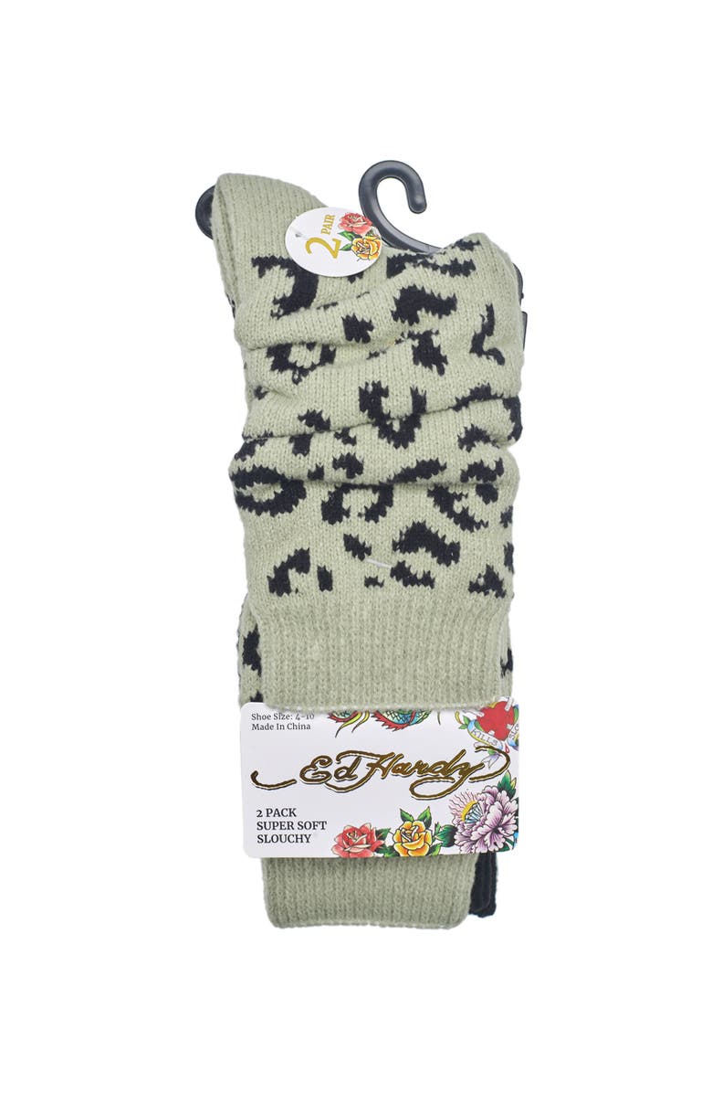 Ed Hardy Womens Leopard Slouchy Sock 2-Pack, Alternate, color, Olive Black