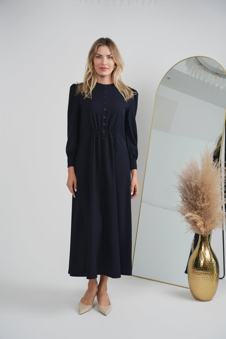 Ladies Linen Midi Button Dress - Smocked Waist, Puff Long Sleeves, Alternate, color, Blush