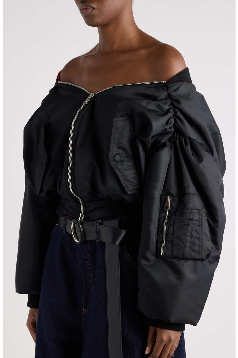 Off the Shoulder Bomber Jacket, Alternate, color, BLACK