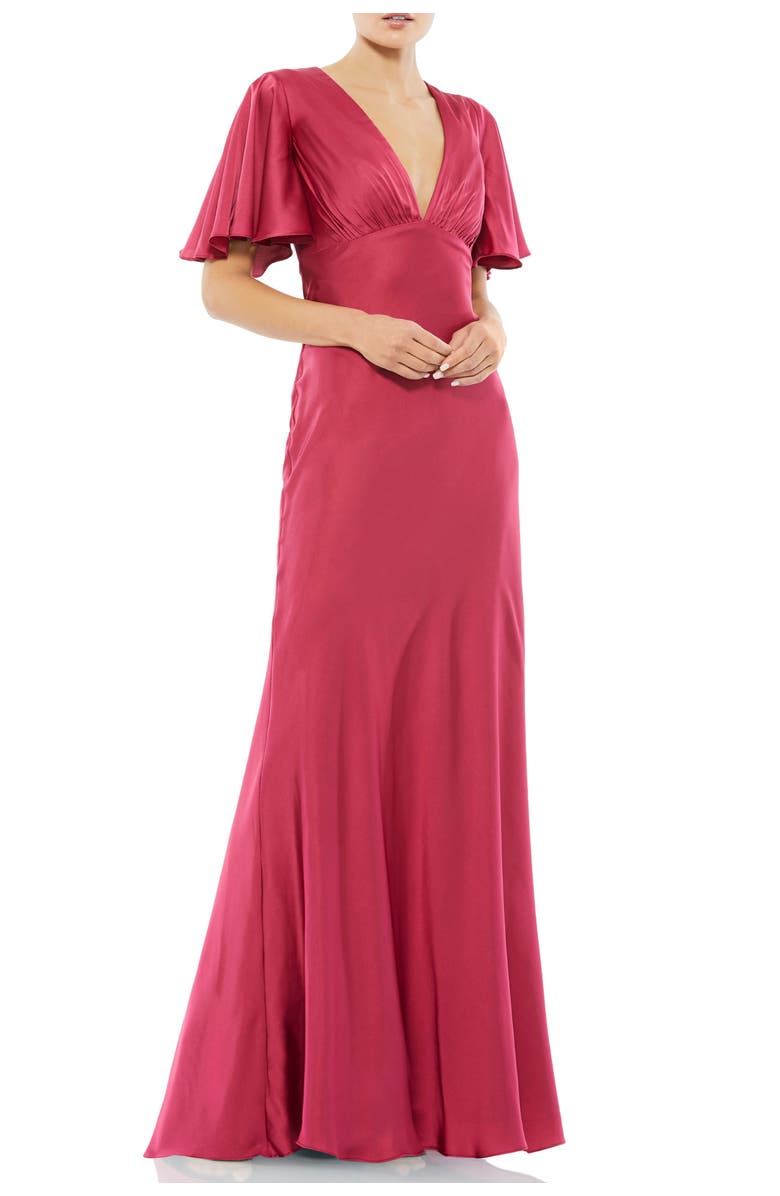 Mac Duggal Flounce Sleeve V-Neck Trumpet Gown, Main, color, Raspberry