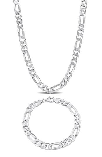 Delmar 8.9mm Flat Figaro Chain Necklace & Bracelet Set In Silver
