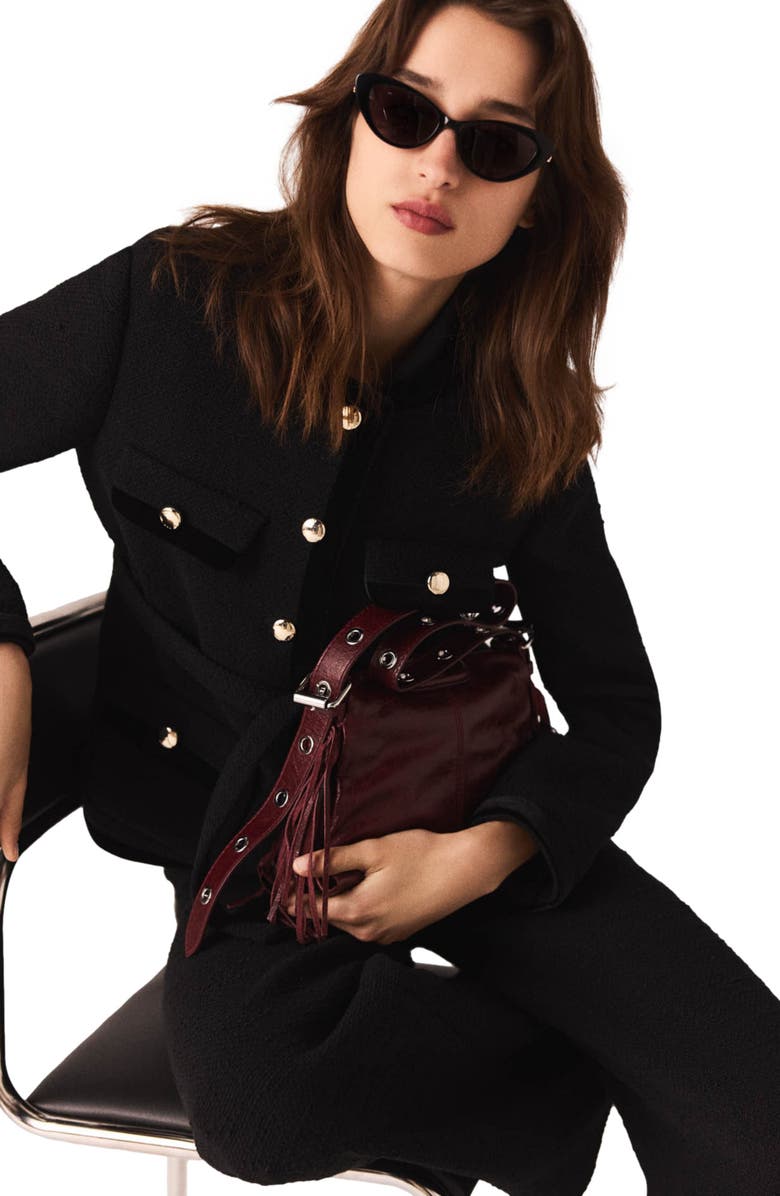 maje Long tweed jacket, Alternate, color, Black