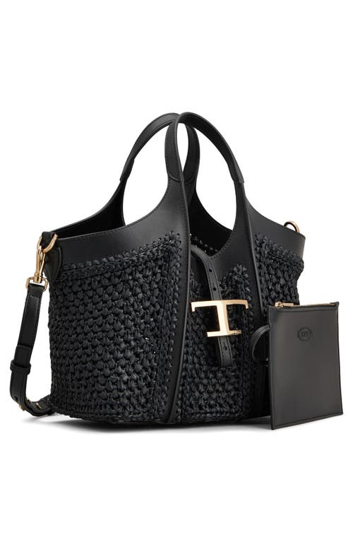 Tod's Mini T Timeless Crochet Raffia & Leather Shopping Bag In Nero