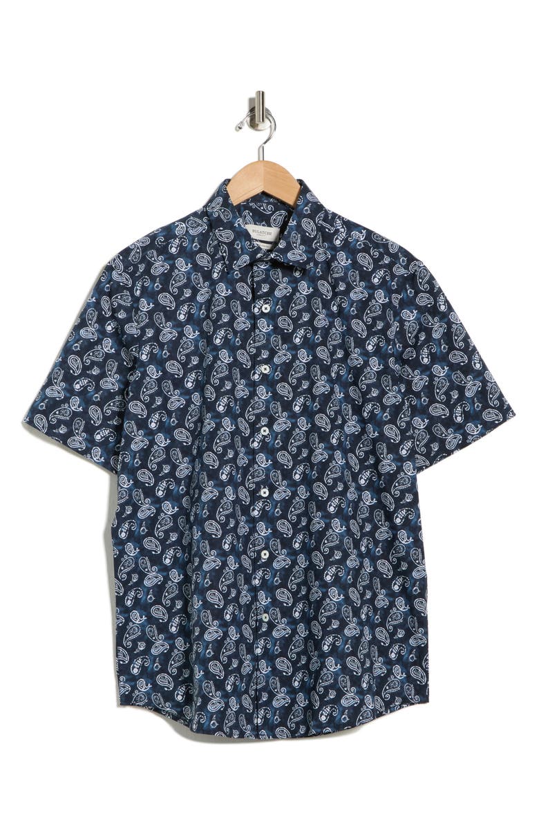 Bugatchi Orson Paisley Pattern Short Sleeve Button-Up Shirt, Alternate, color, Navy