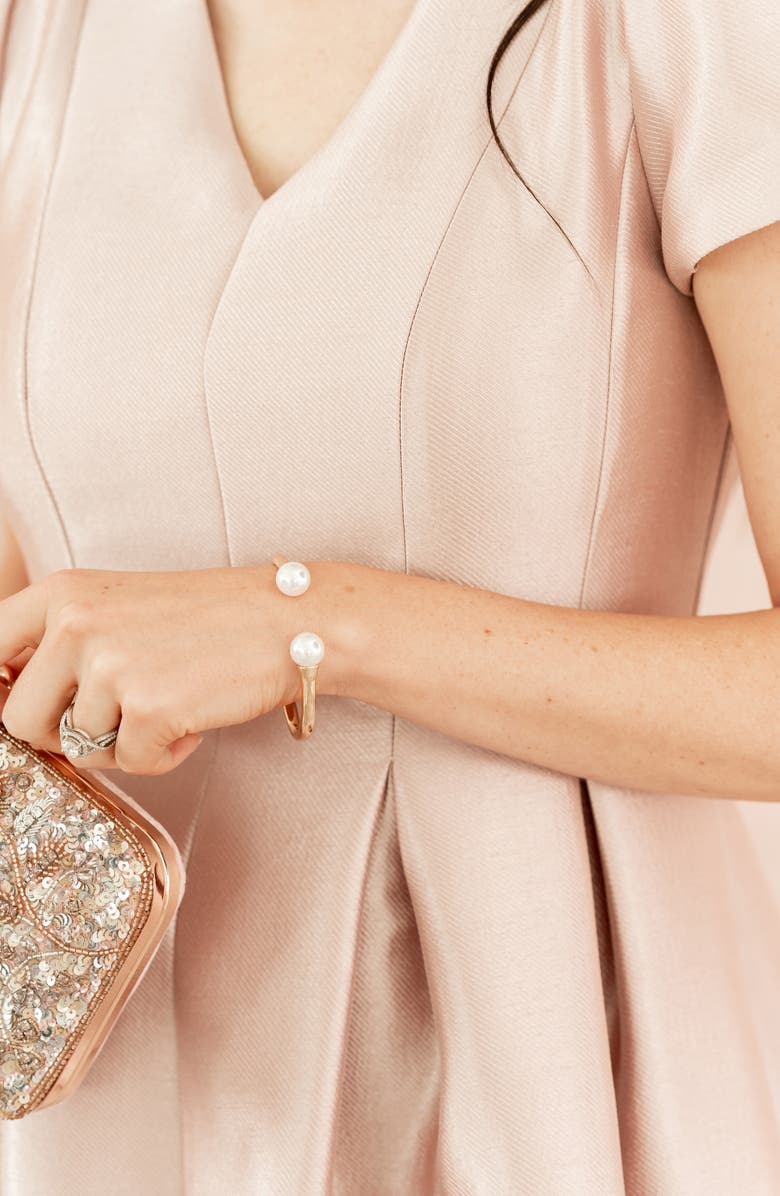 Rachel Parcell Imitation Pearl Open Hinged Bracelet, Alternate, color,