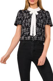CeCe Floral Embroidered Bow Collar Top