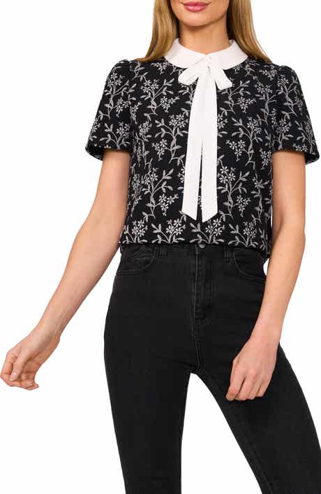 CeCe Floral Embroidered Bow Collar Top