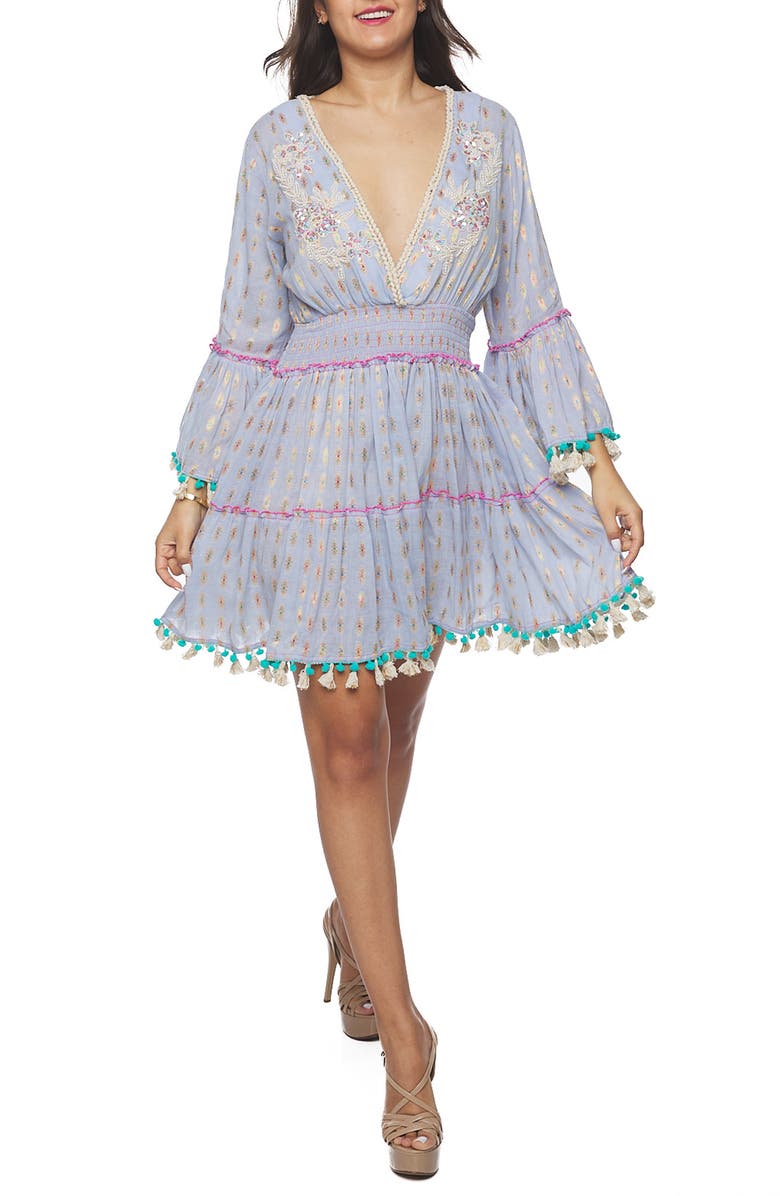 RANEES Pom Pom Long Sleeve Minidress, Main, color, Blue