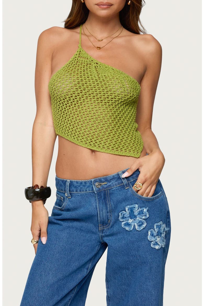 Daley Asymmetric One-Shoulder Sheer Crop Top, Main, color, GREEN