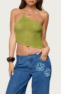 EDIKTED Daley Asymmetric One-Shoulder Sheer Crop Top