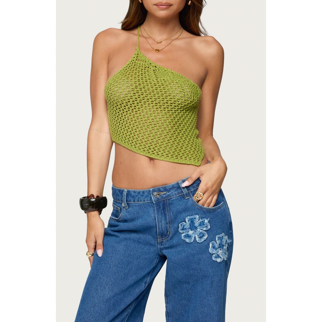 Edikted Daley Asymmetric One-shoulder Sheer Crop Top In Green