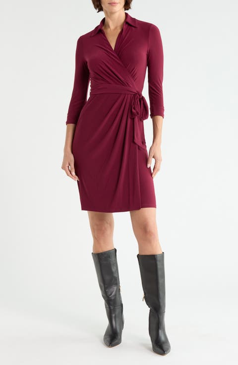Three-Quarter Sleeve Faux Wrap Dress