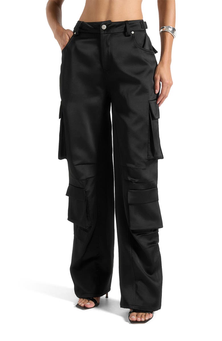 Manière De Voir Emilie Satin High Waisted Cargo Pants, Main, color, Black