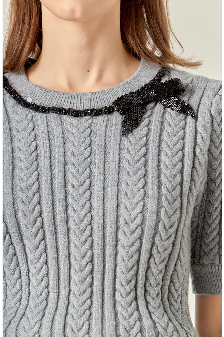 Big Bow Puff Sleeve Sweater, Alternate, color, HEATHER GREY