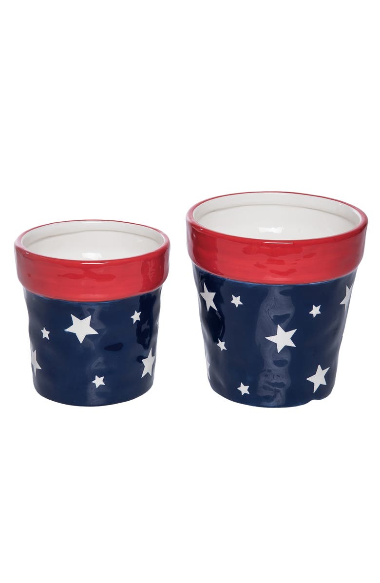 Transpac Ceramic Patriotic Pots Set of 2 Color Box Planter Multicolored for Patriotic Garden Decor, Main, color, Multicolored