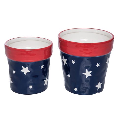 Ceramic Patriotic Pots Set of 2 Color Box Planter Multicolored for Patriotic Garden Decor