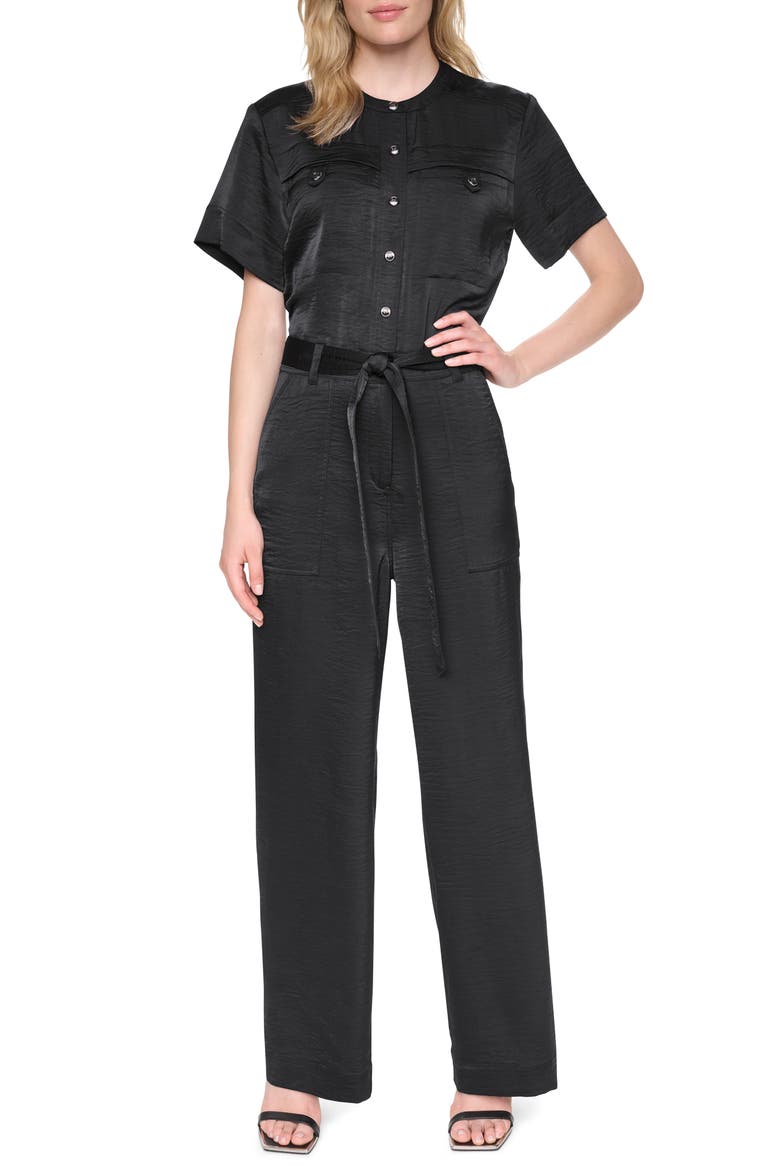 Tie Waist Satin Utility Jumpsuit, Main, color, BLACK