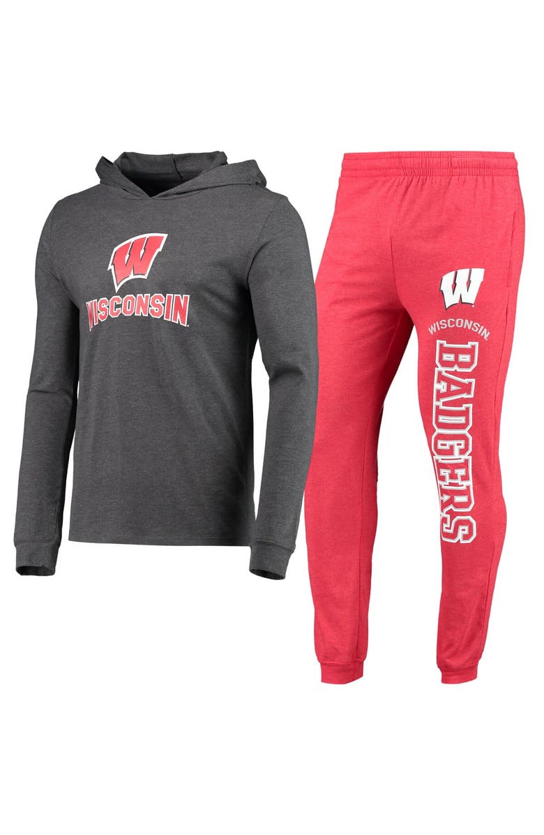 CONCEPTS SPORT Men's Concepts Sport Red/Heather Charcoal Wisconsin Badgers Meter Long Sleeve Hoodie T-Shirt & Jogger Pajama Set, Main, color, Red