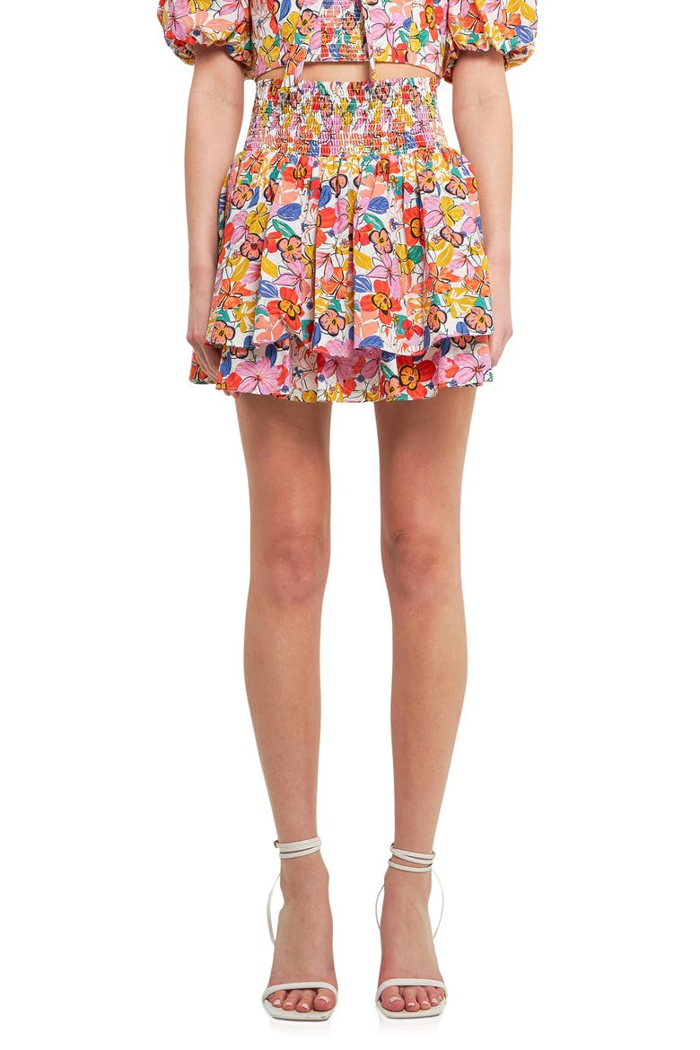 Floral Smocked Cotton Miniskirt, Main, color, WHITE MULTI