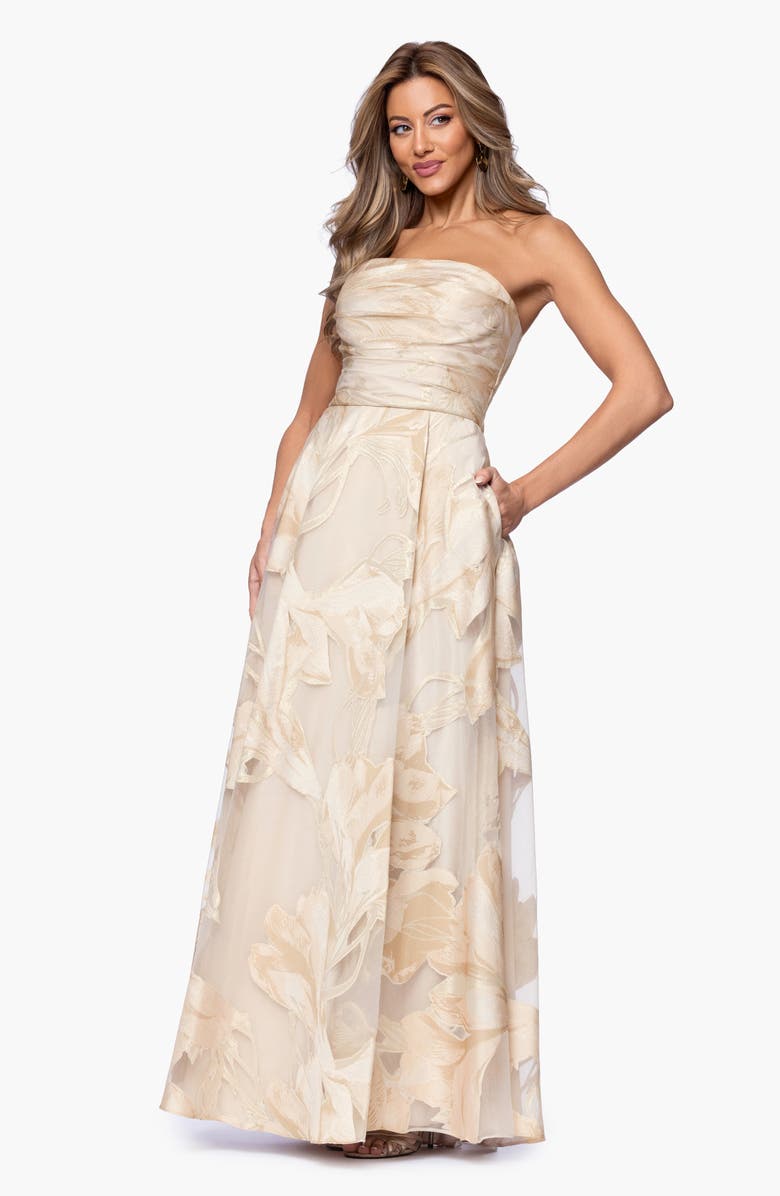 Xscape Evenings Floral Jacquard Strapless Gown, Alternate, color, Blush/ Gold