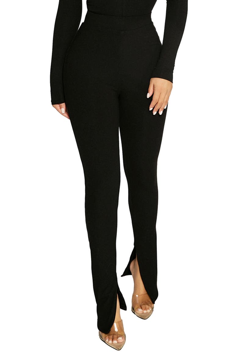Ribbed Slit Leg Pants, Main, color, BLACK