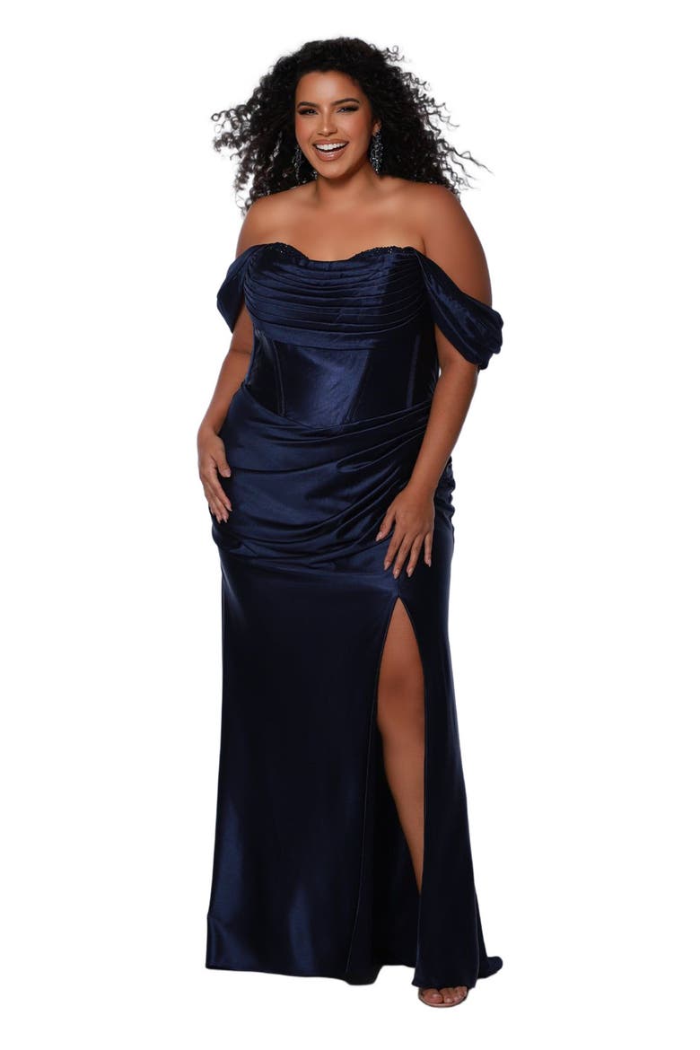 Off the Shoulder Fitted Plus Size Evening Gown, Main, color, Navy