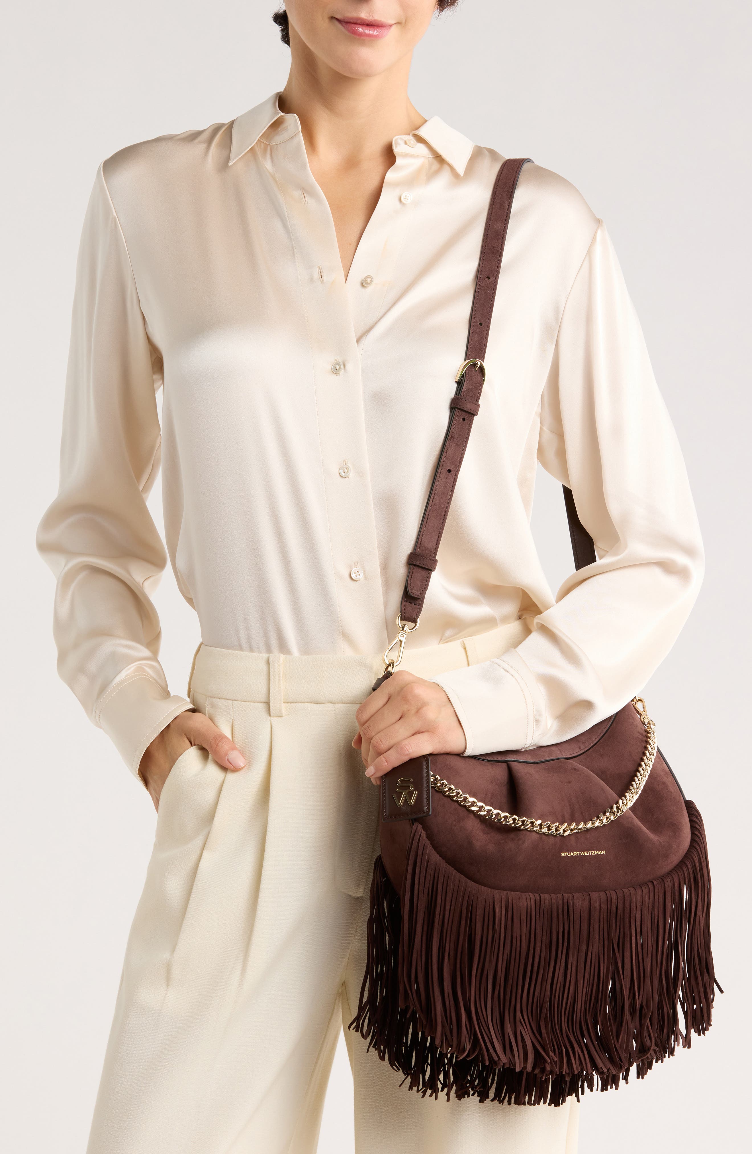 Stuart Weitzman Crescent Fringe Crossbody Bag, Alternate, color, Hickory