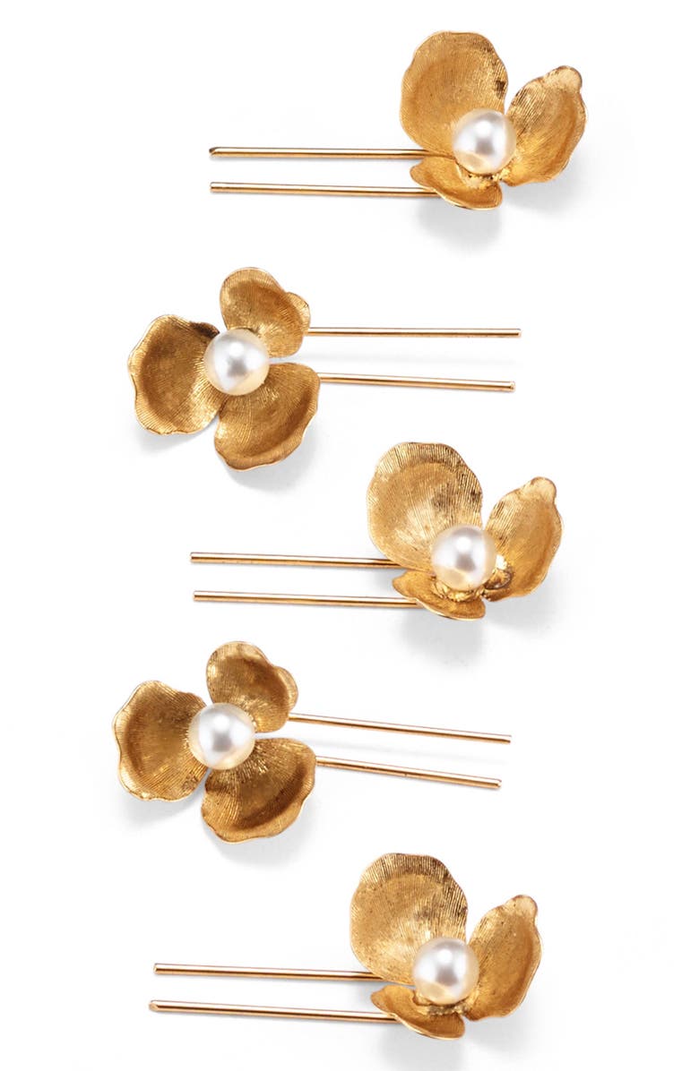 LELET NY Poppies Set of 5 Mini Hair Pins, Main, color, Antique Gold