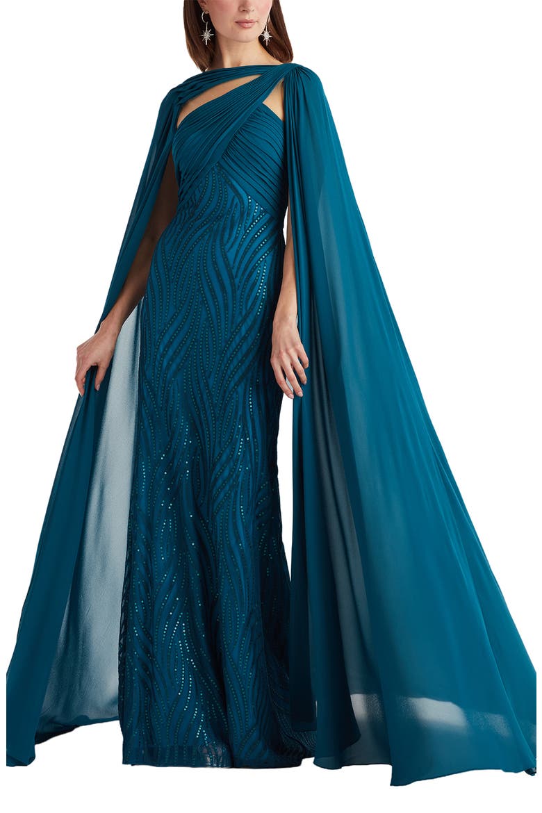 Sequin Pleat Cape Gown, Alternate, color, STARRY NIGHT