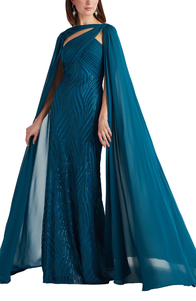 Tadashi Shoji Sequin Pleat Cape Gown, Alternate, color, Starry Night
