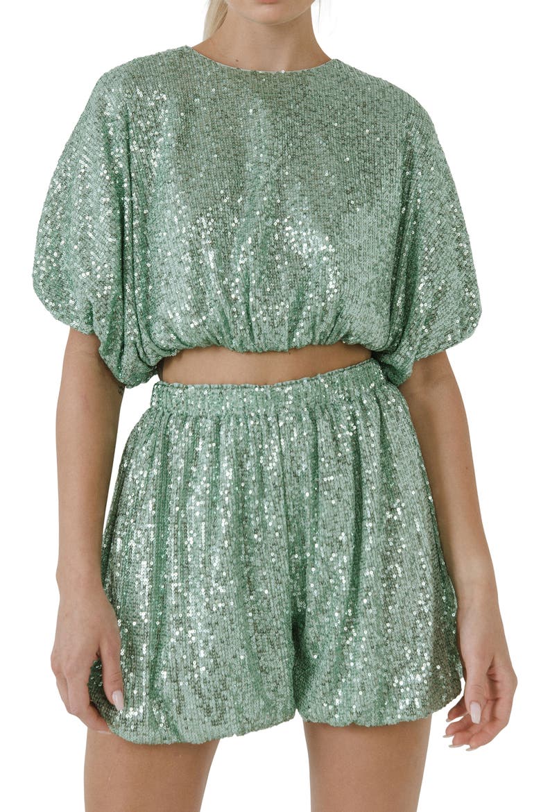 Sequin Puff Crop Top, Alternate, color, GREEN