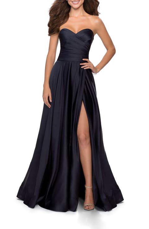 Strapless Satin Gown with Pleated Bodice and Slit
