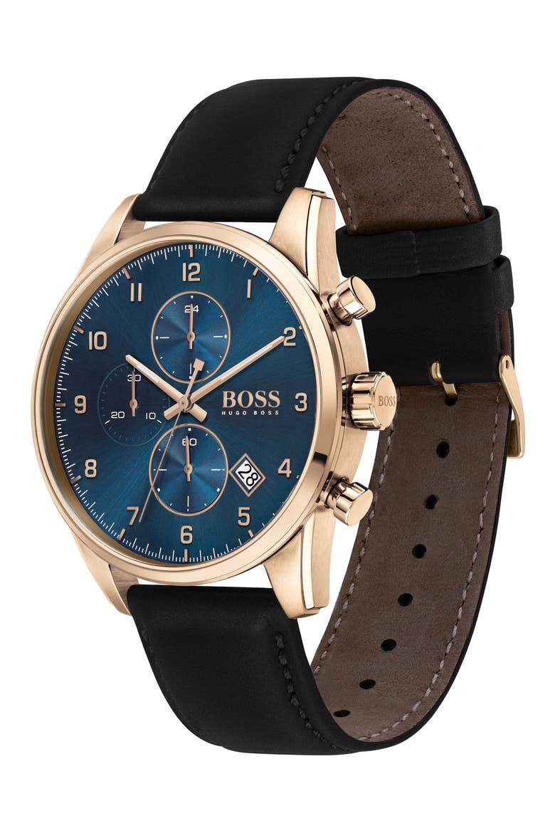 Skymaster Chronograph Leather Strap Watch, 43mm, Alternate, color, BLACK/ BLUE/ CARNATION GOLD