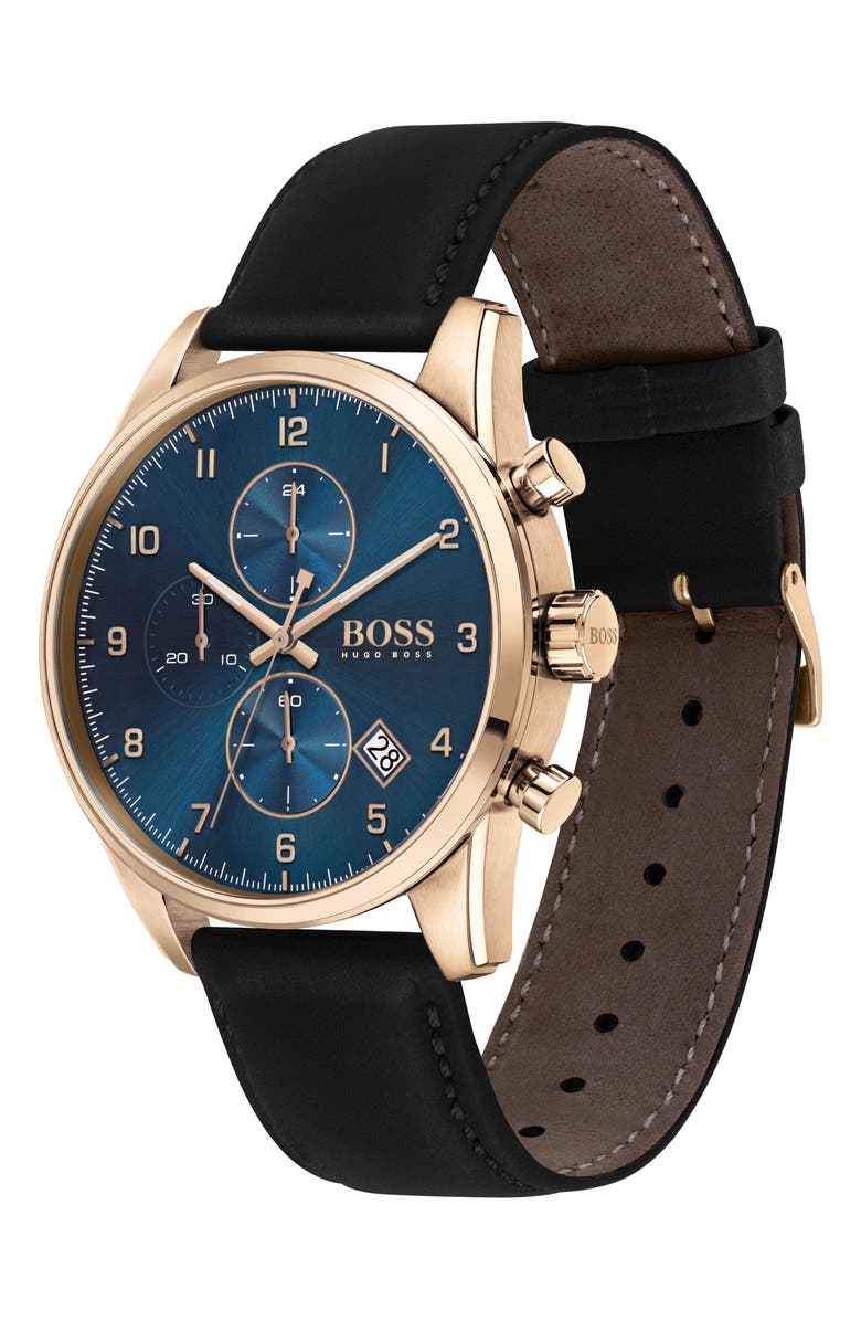 BOSS Skymaster Chronograph Leather Strap Watch, 43mm, Alternate, color,