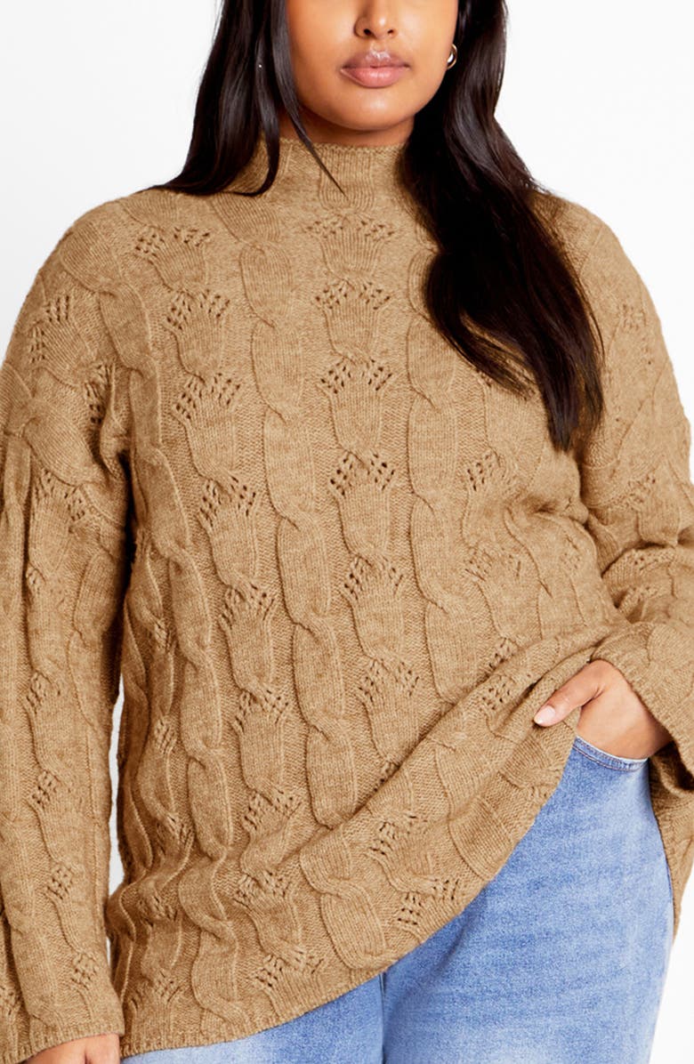 City Chic Iris Mock Neck Cable Knit Sweater, Main, color, Sand