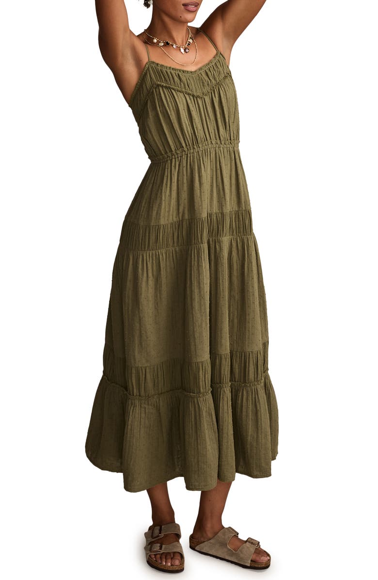 Lucky Brand Clip Dot Cotton Tiered Maxi Dress, Alternate, color, Dusty Olive