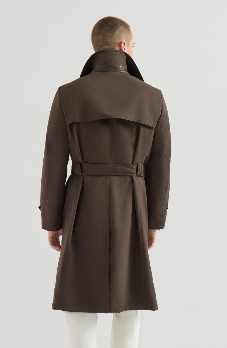 Brunello Cucinelli Water-resistant microfiber motorcyle trench with nappa leather inserts, Alternate, color, Brown