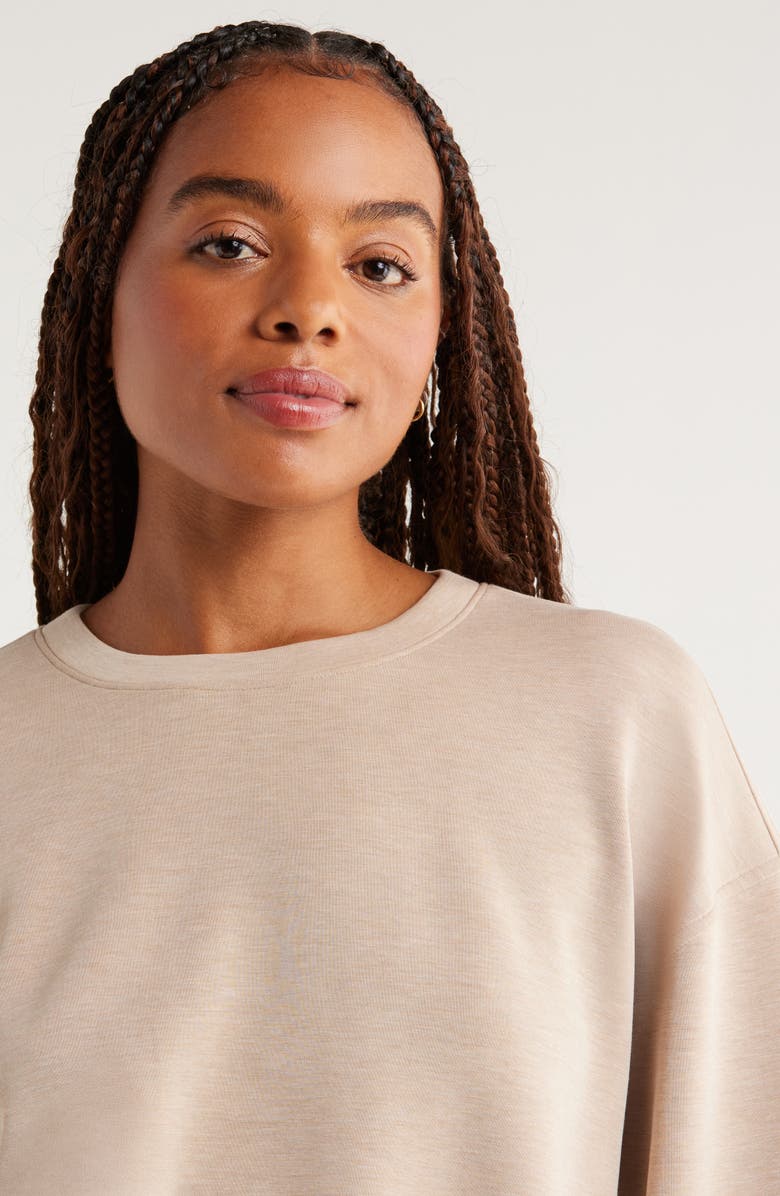 Zella Soft Luxe Boxy Crew Sweatshirt, Alternate, color, Tan Kelp Heather