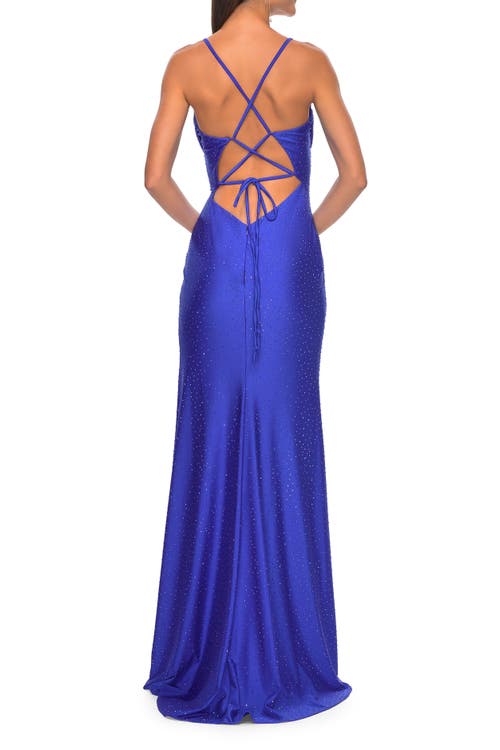 La Femme Drape Neckline Jeweled Jersey Prom Dress With High Slit In Royal Blue