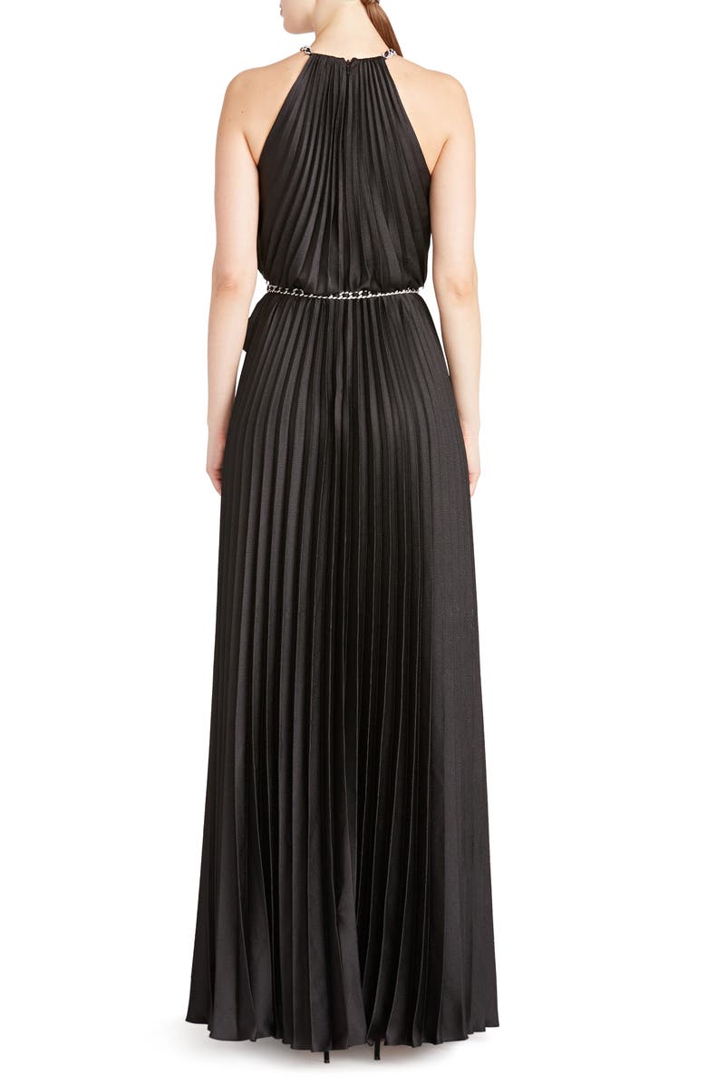ML Monique Lhuillier Pleated Chain Detail Satin A-Line Gown, Alternate, color, Black